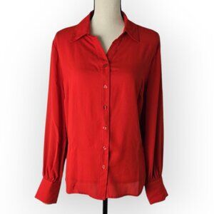 New York & Company Red Button Down V-Neck Wide Button Cuff Blouse L NWT